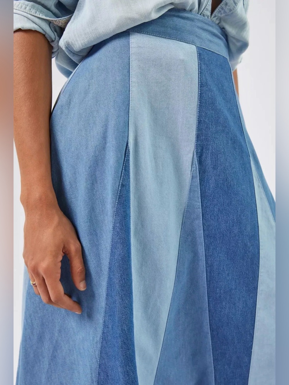 Anthropologie Love the Label Denim colorblock Midi Skirt Lg FITS S SMALL Perfect